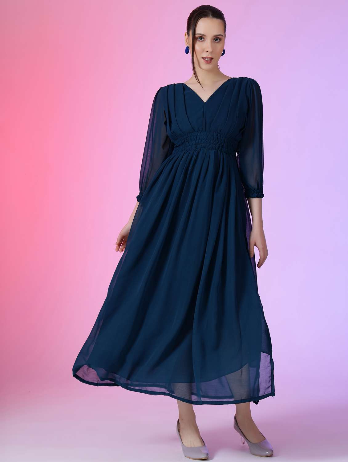 women solid puff sleeve fit & flare maxi dress