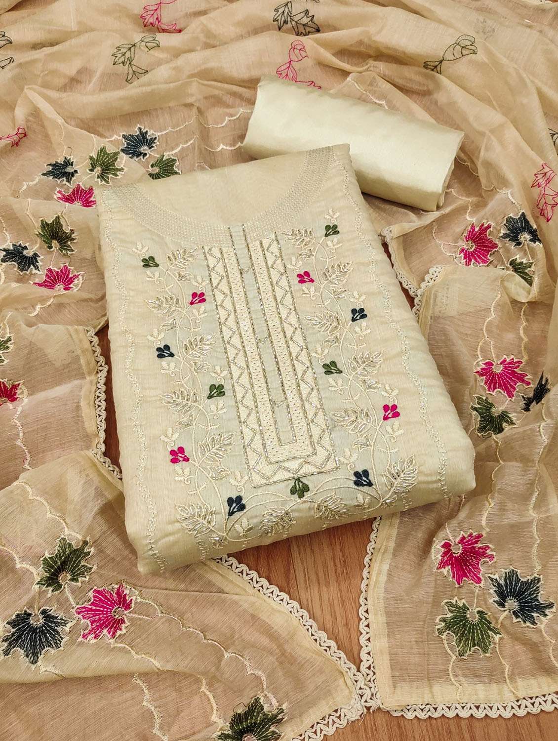 women solid with work embroidered unstitched suit set