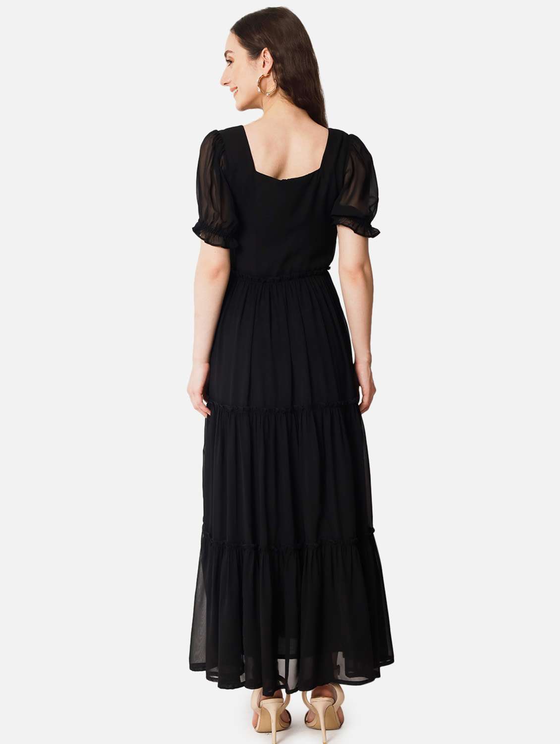 women solid puff sleeve tiered maxi dress - 21972841 - Standard Image - 2