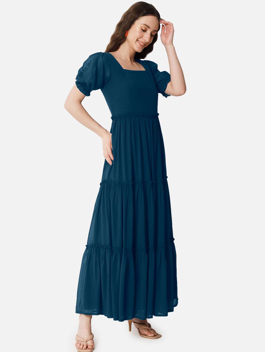 women solid puff sleeve tiered maxi dress
