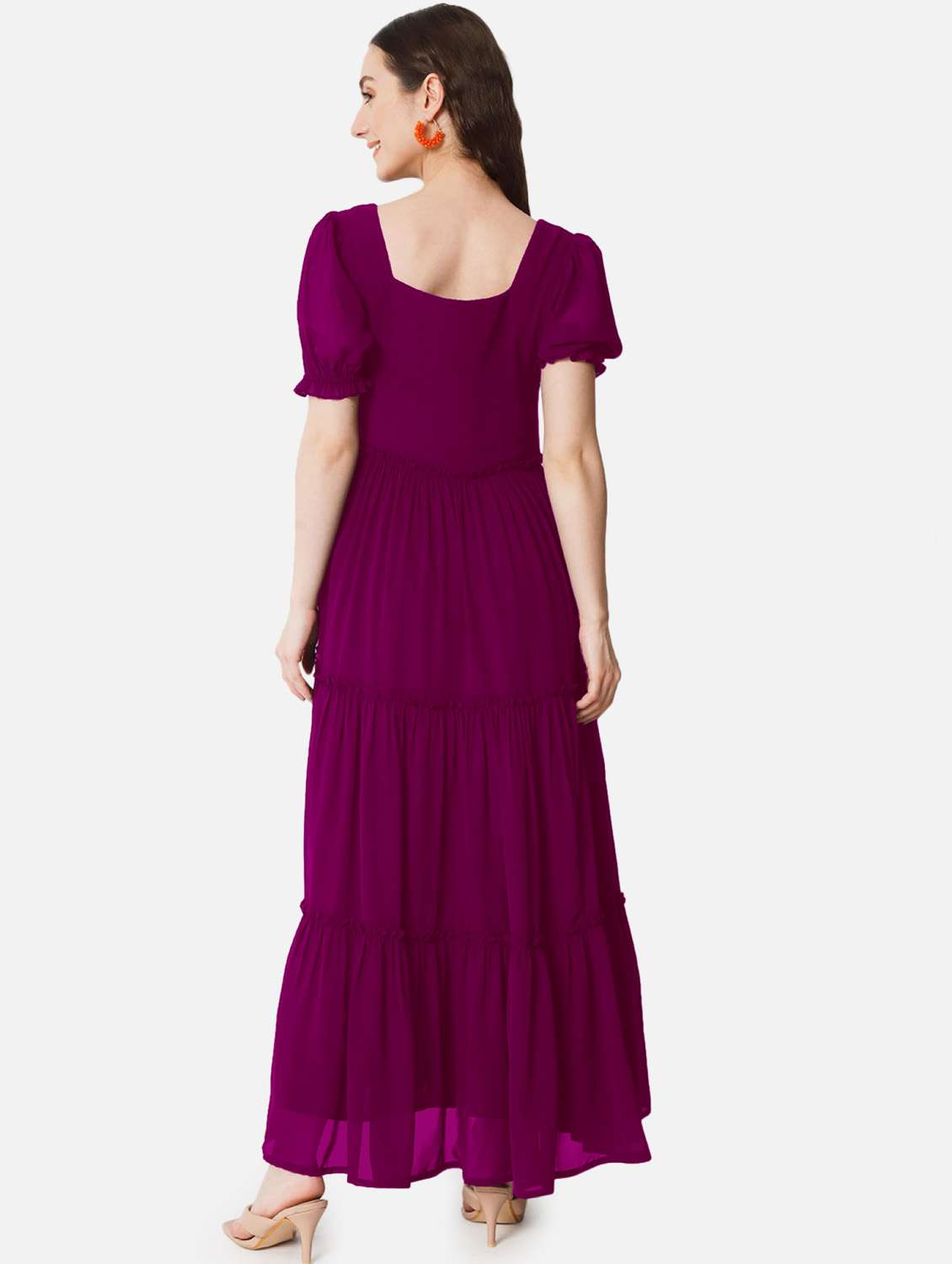 women solid puff sleeve tiered maxi dress - 21972843 - Standard Image - 2