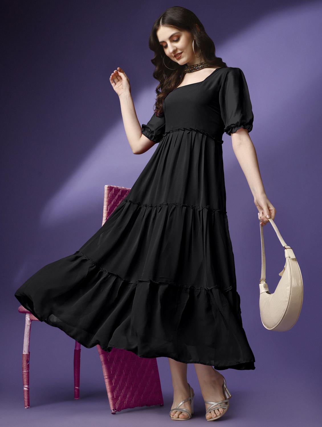 women solid puff sleeve tiered maxi dress - 21972844 - Zoom Image - 0