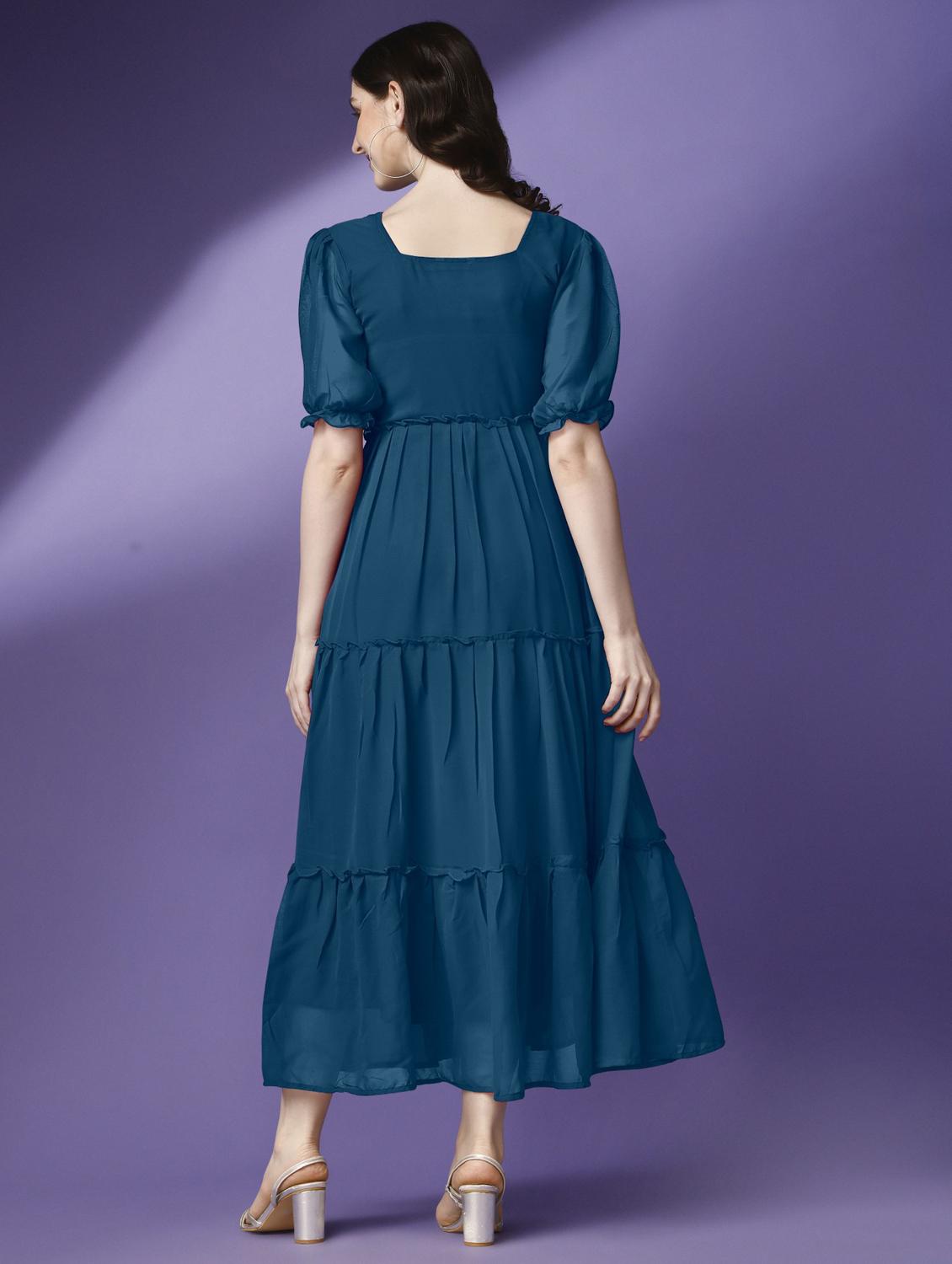 women solid puff sleeve tiered maxi dress - 21972848 - Standard Image - 2