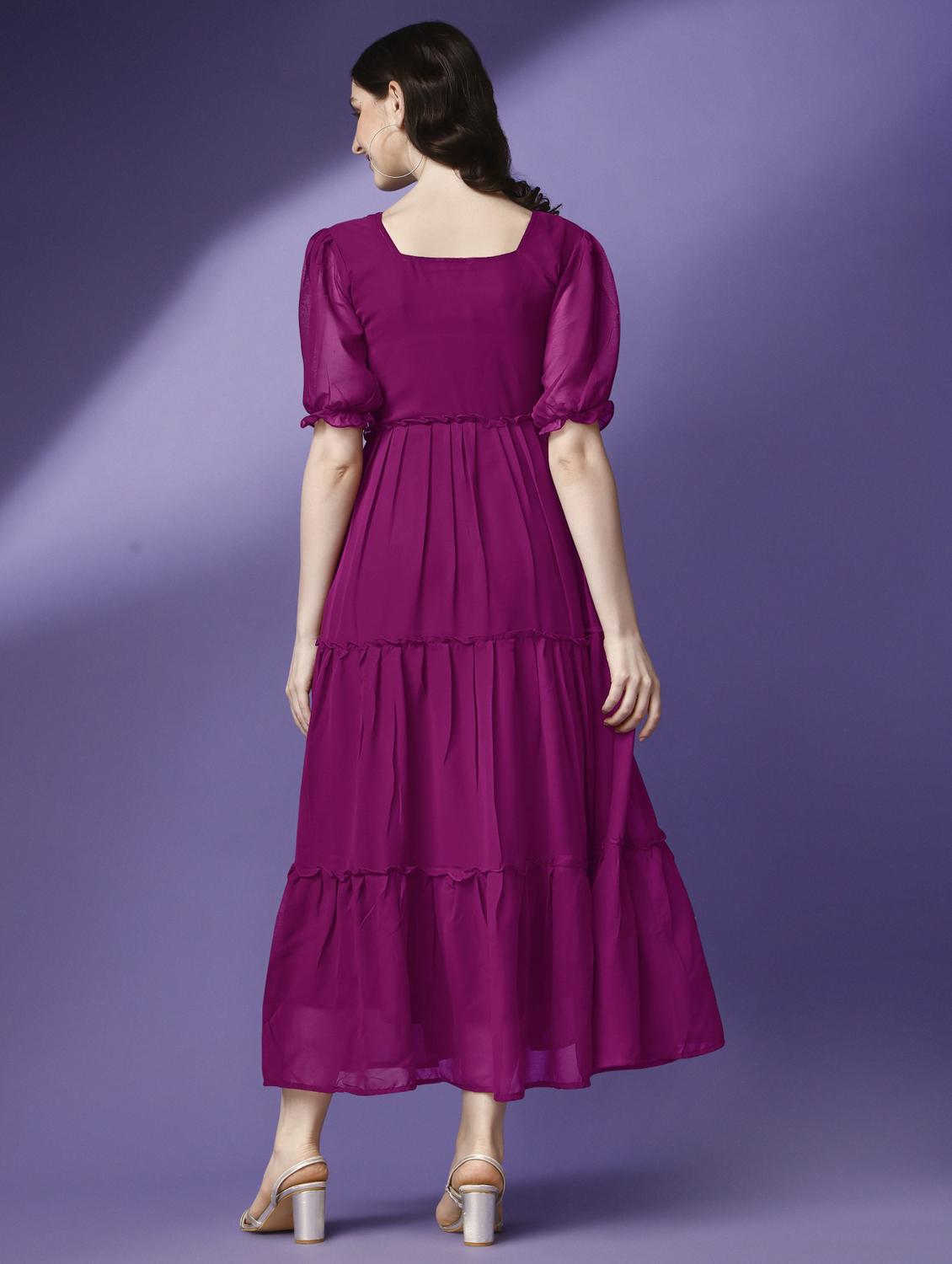 women solid puff sleeve tiered maxi dress - 21972849 - Standard Image - 2