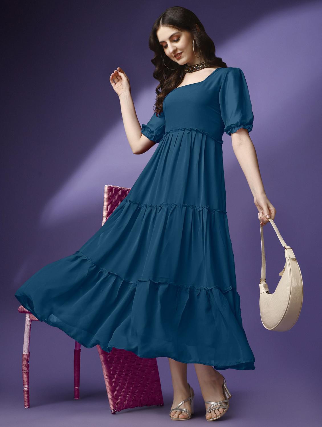 women solid puff sleeve tiered maxi dress - 21972854 - Zoom Image - 0