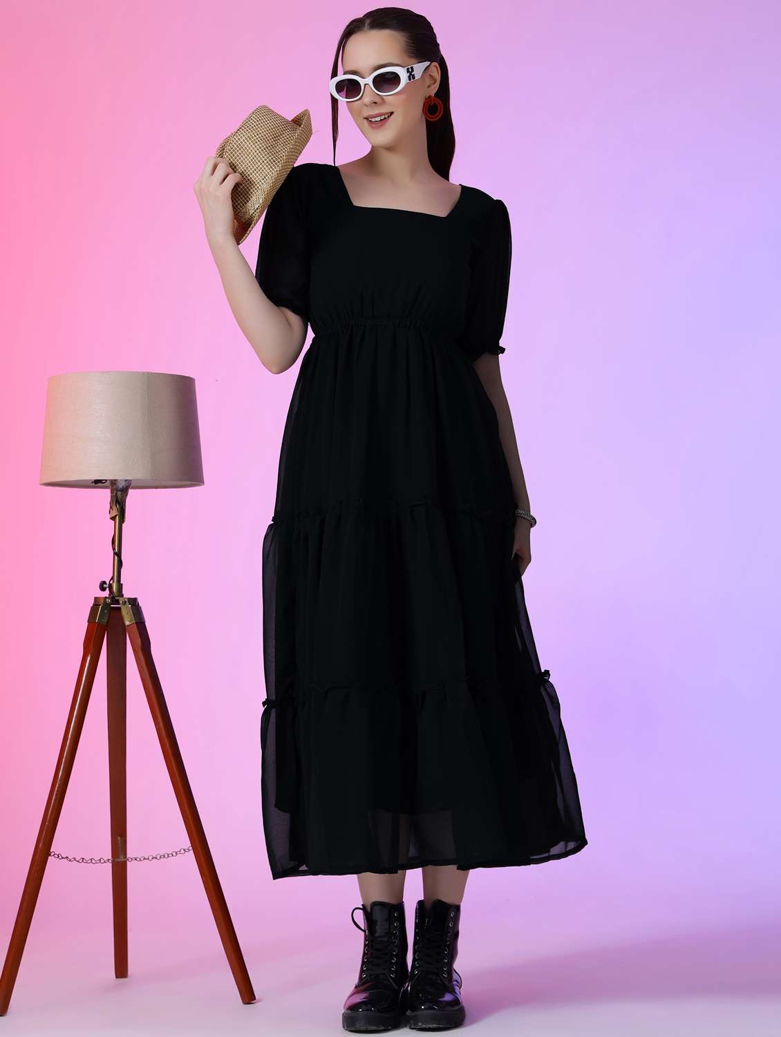 women solid puff sleeve tiered maxi dress - 21972859 -  Zoom Image - 0