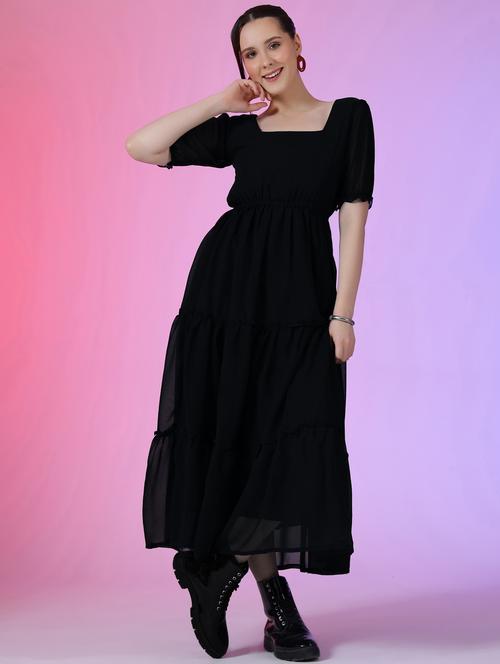 women solid puff sleeve tiered maxi dress - 21972862 - Standard Image - 0