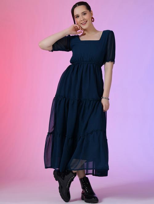 women solid puff sleeve tiered maxi dress - 21972863 - Standard Image - 0