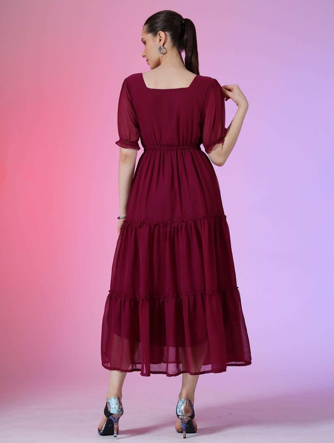 women solid puff sleeve tiered maxi dress - 21972864 - Standard Image - 2