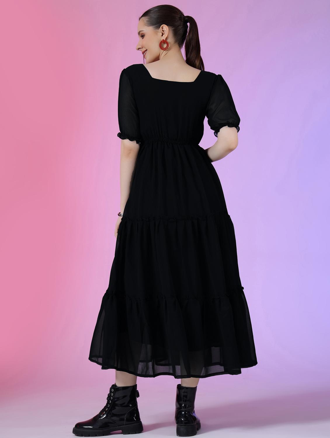 women solid puff sleeve tiered maxi dress - 21972865 - Standard Image - 2