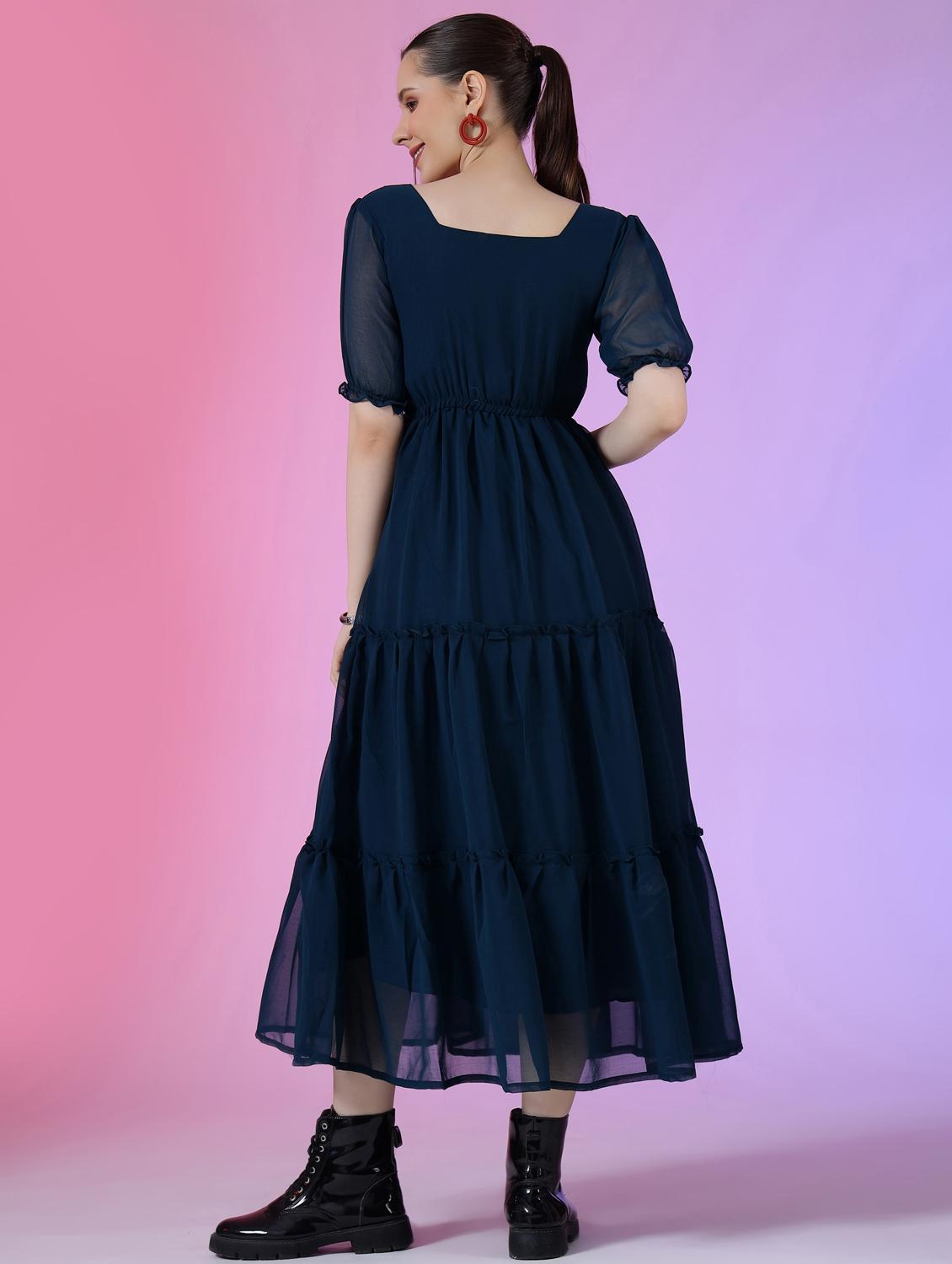 women solid puff sleeve tiered maxi dress - 21972866 - Standard Image - 2