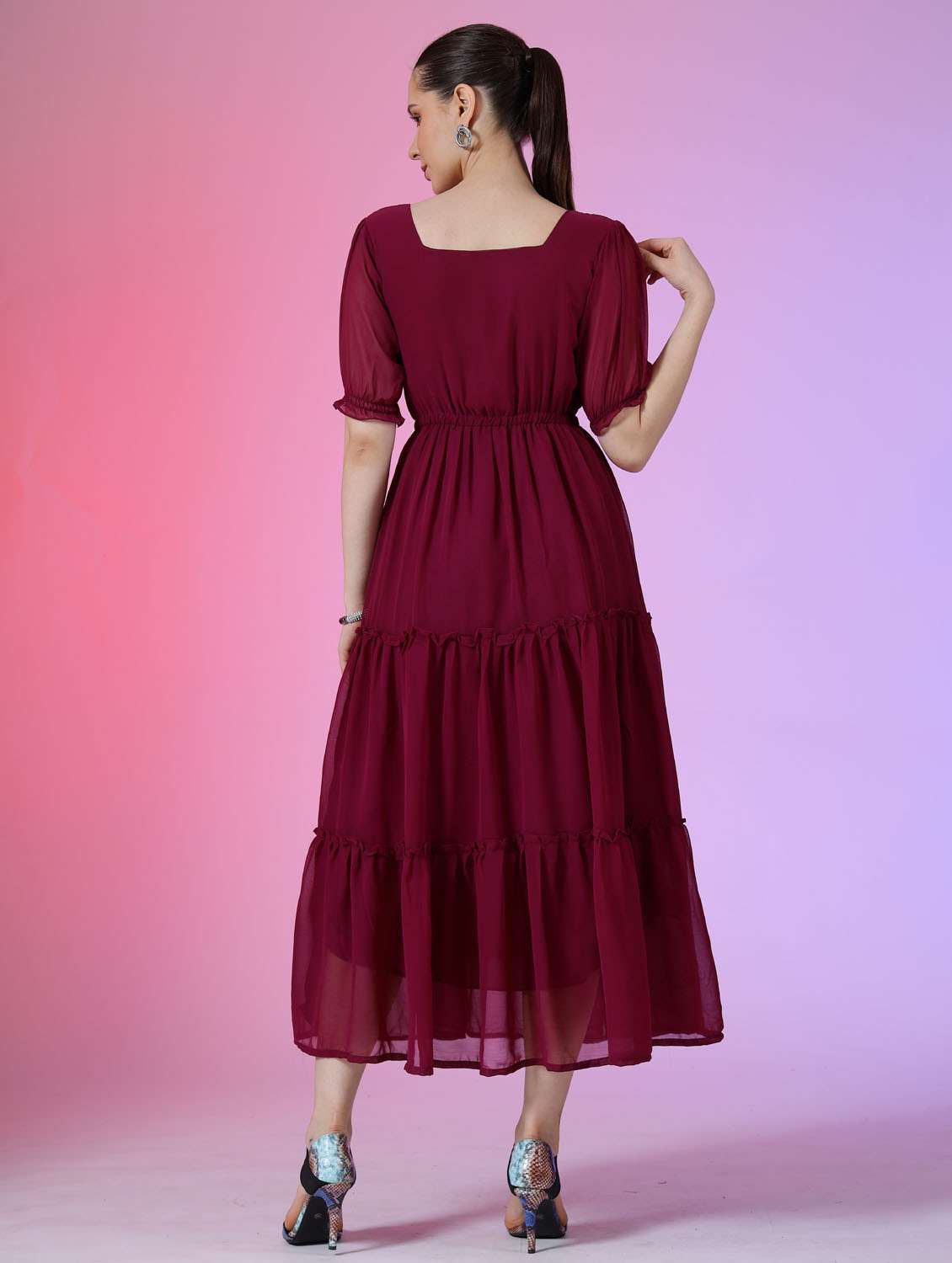 women solid puff sleeve tiered maxi dress - 21972870 -  Standard Image - 2