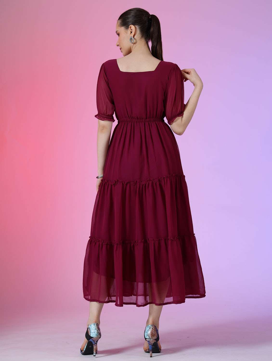 women solid puff sleeve tiered maxi dress - 21972873 - Standard Image - 2