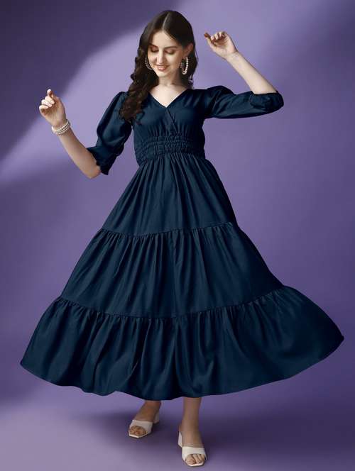 women solid puff sleeve tiered maxi dress - 21972886 - Standard Image - 0