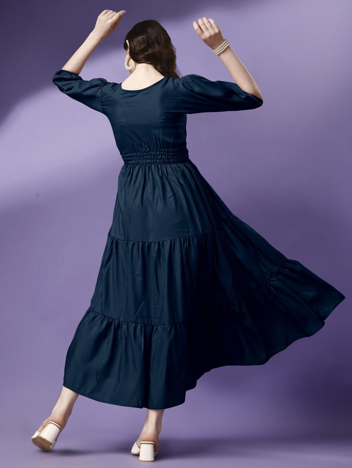 women solid puff sleeve tiered maxi dress - 21972886 - Standard Image - 2