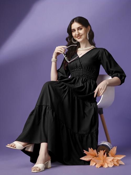 women solid puff sleeve tiered maxi dress - 21972887 -  Standard Image - 0