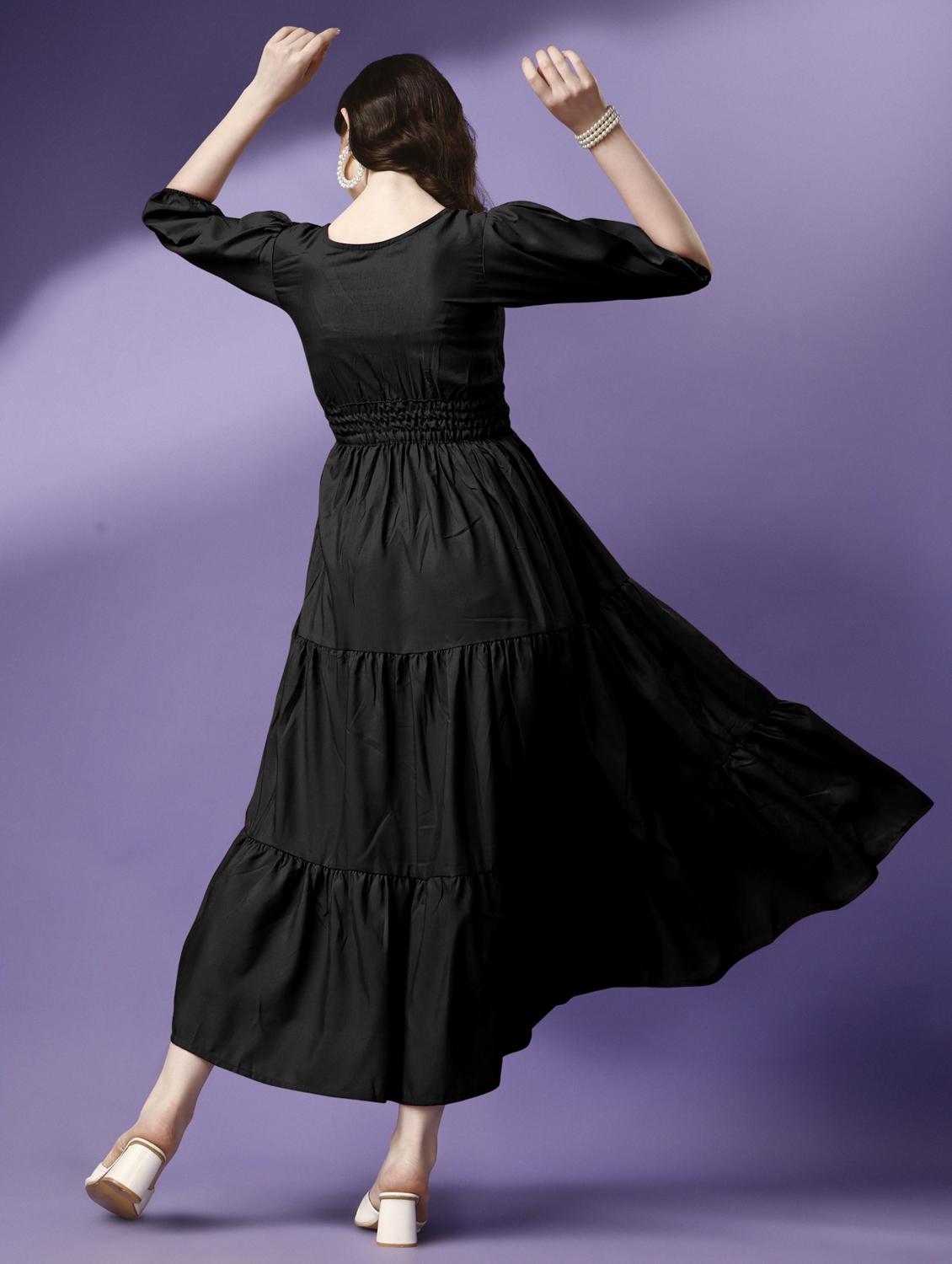 women solid puff sleeve tiered maxi dress - 21972887 - Standard Image - 2