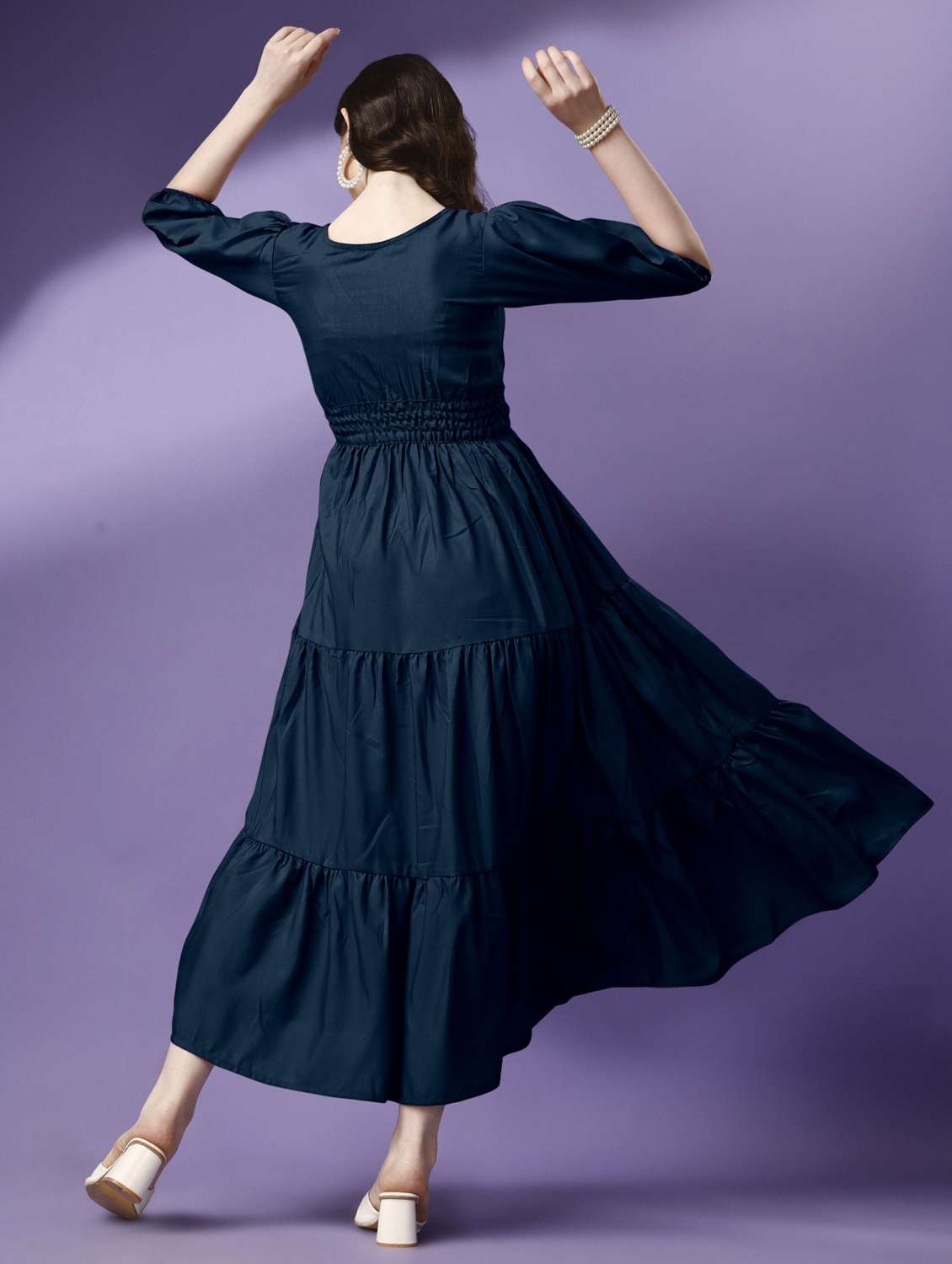 women solid puff sleeve tiered maxi dress - 21972888 - Standard Image - 2