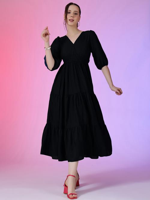women solid puff sleeve tiered midi dress - 21972897 - Standard Image - 0