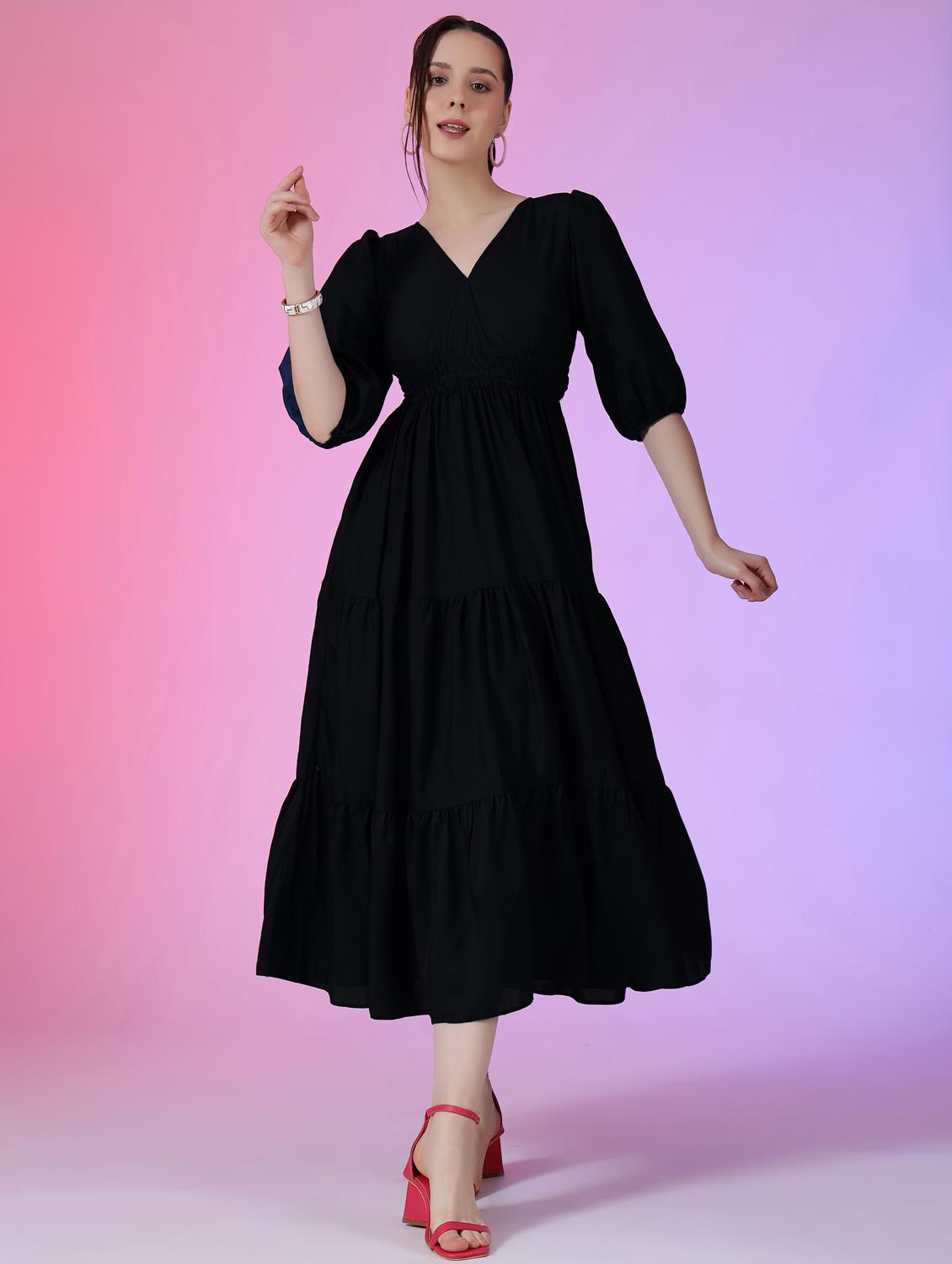 women solid puff sleeve tiered midi dress - 21972897 - Zoom Image - 0