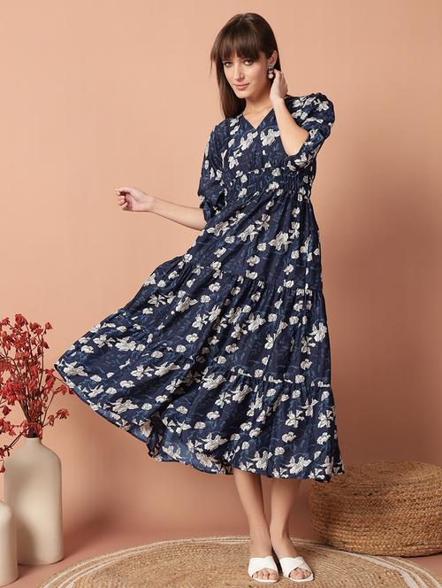 women printed puff sleeve tiered midi dress - 21972902 - Standard Image - 0