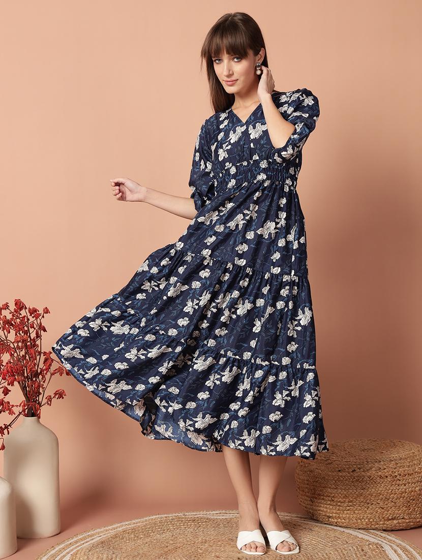 women printed puff sleeve tiered midi dress - 21972902 - Zoom Image - 0