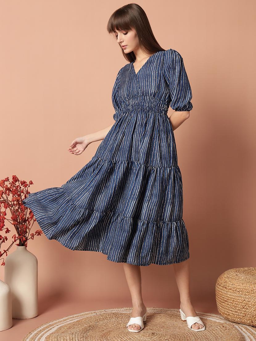 women printed puff sleeve tiered midi dress - 21972903 -  Zoom Image - 0