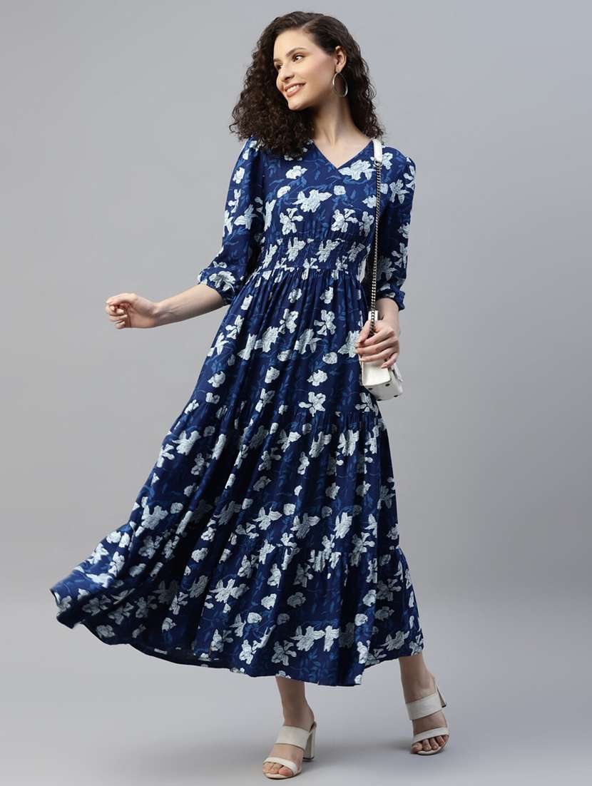 women printed puff sleeve tiered maxi dress