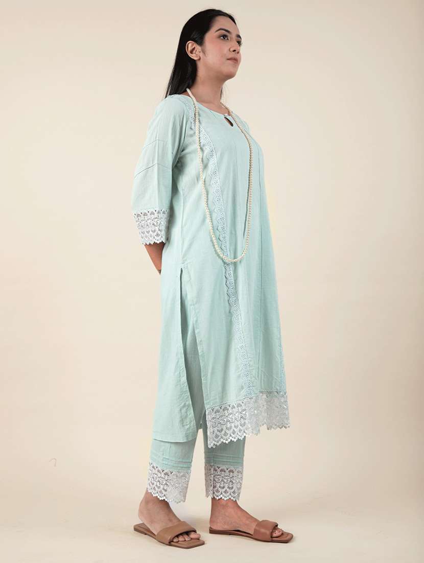 women solid with work three quarter sleeve a-line kurta - 21974924 -  Standard Image - 2