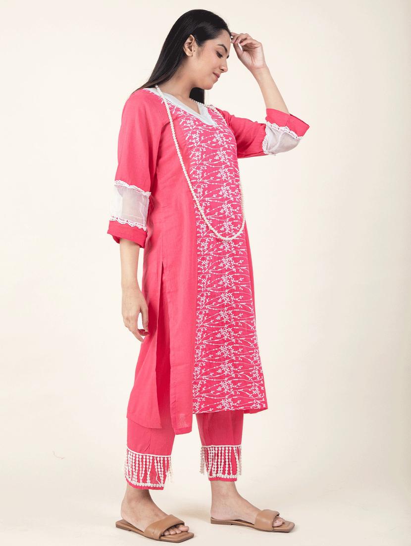women solid with work three quarter sleeve a-line kurta - 21974925 - Standard Image - 2