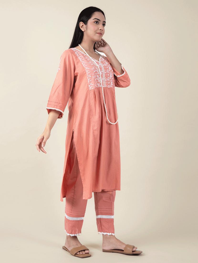 women solid with work three quarter sleeve a-line kurta - 21974926 - Standard Image - 2
