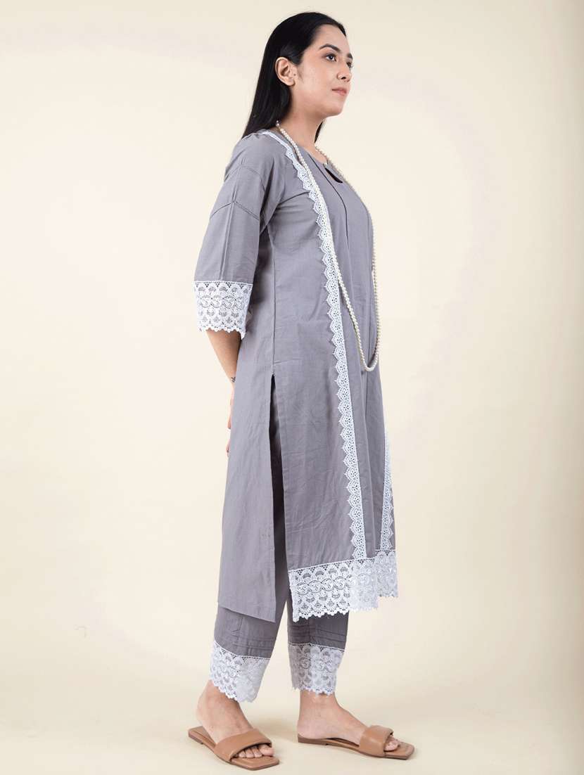 women solid with work three quarter sleeve a-line kurta - 21974932 -  Standard Image - 2