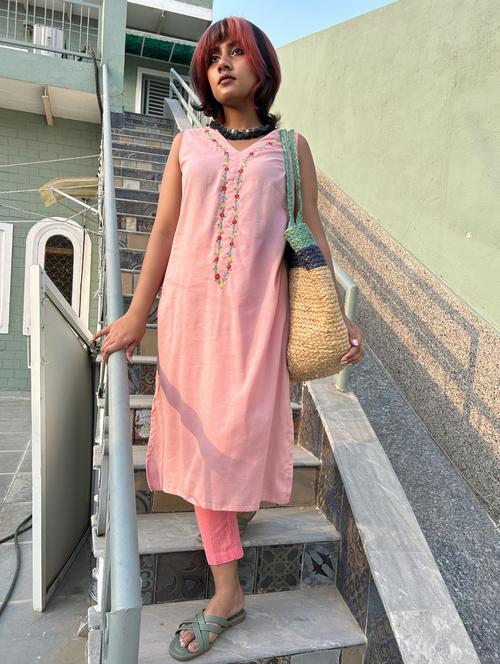 women solid with work sleeveless a-line kurta - 21974940 - Standard Image - 0