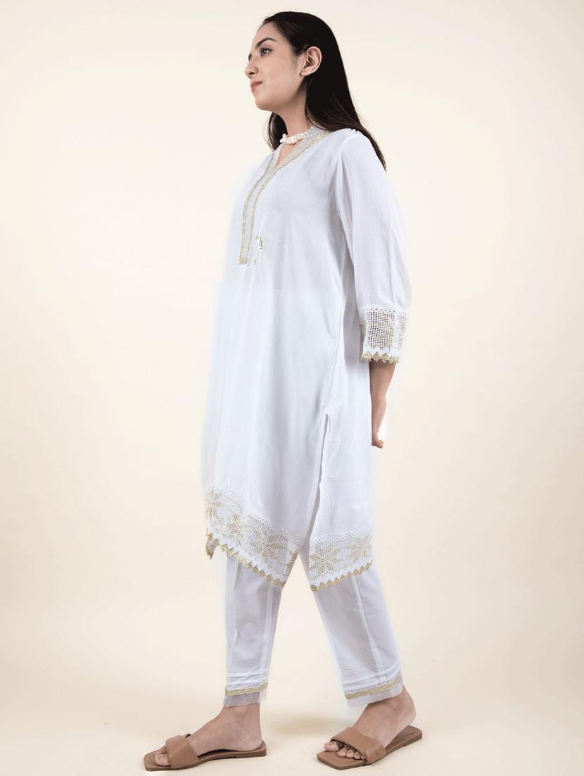 women solid with work three quarter sleeve a-line kurta - 21974946 - Standard Image - 2