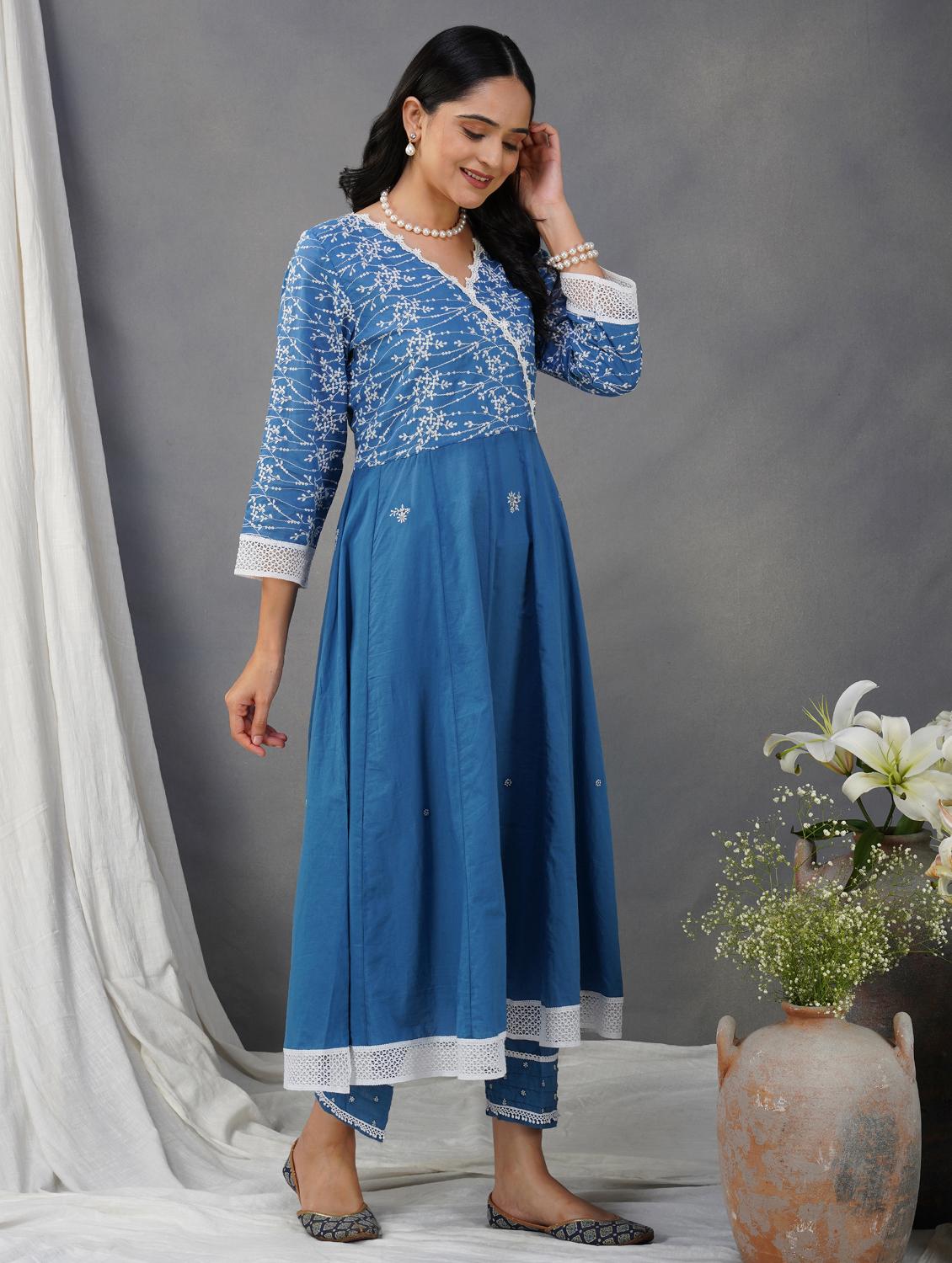 women solid with work three quarter sleeve anarkali kurta - 21974948 - Standard Image - 2