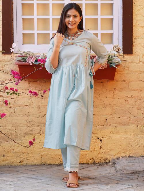women solid with work three quarter sleeve angrakha kurta - 21974949 - Standard Image - 0