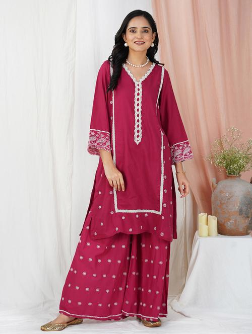 women solid with work three quarter sleeve a-line kurta - 21974950 - Standard Image - 0