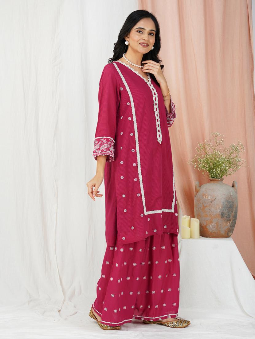 women solid with work three quarter sleeve a-line kurta - 21974950 - Standard Image - 2