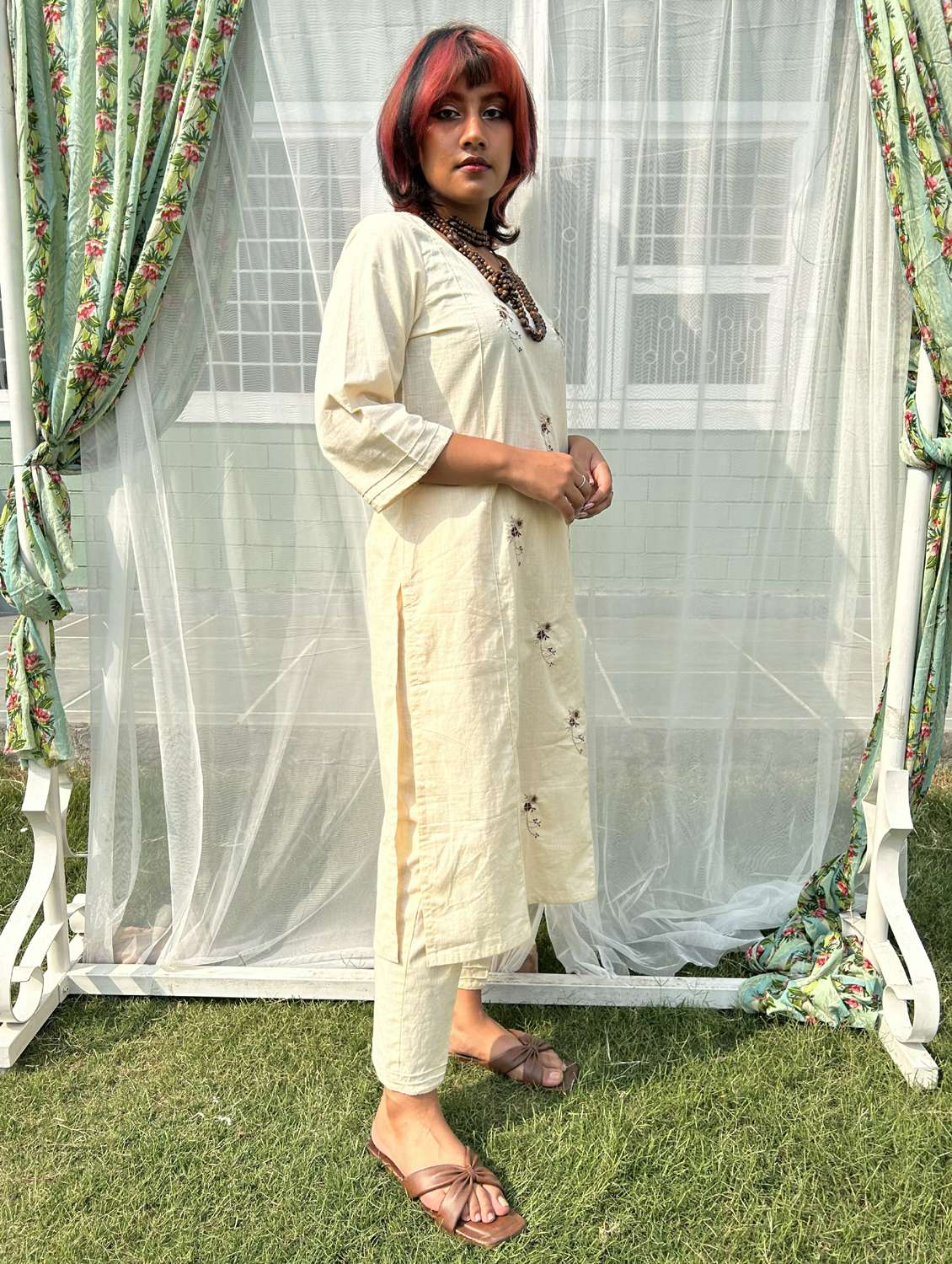 women solid with work three quarter sleeve a-line kurta - 21974953 -  Standard Image - 2