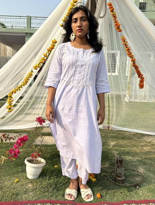 women solid with work three quarter sleeve a-line kurta - 21974954 - Standard Image - 0