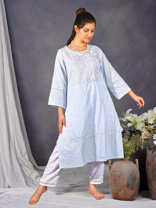 women solid with work three quarter sleeve a-line kurta - 21974957 - Standard Image - 0