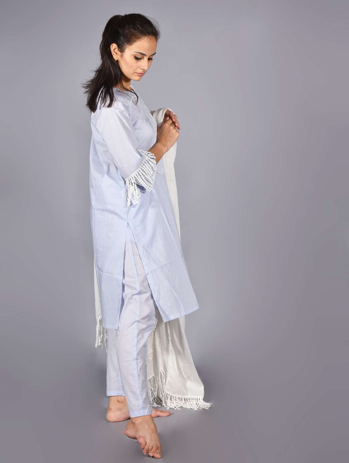women solid with work three quarter sleeve straight kurta - 21974958 -  Standard Image - 2