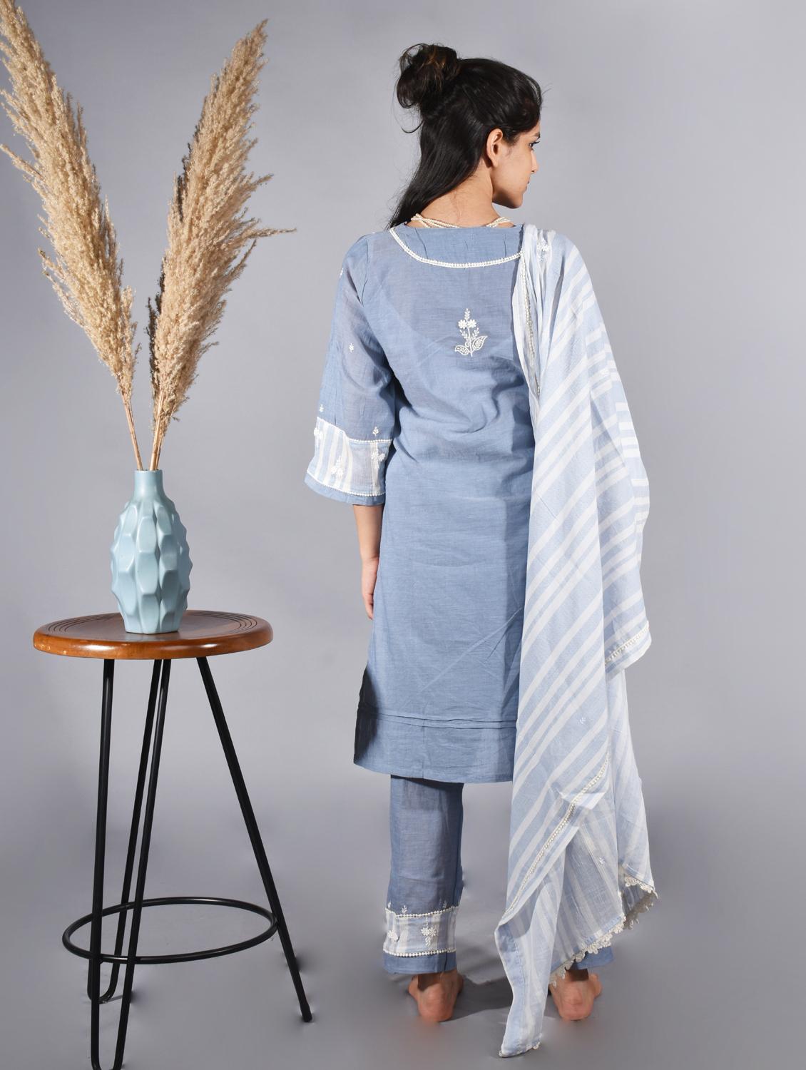 women solid with work three quarter sleeve a-line kurta - 21974961 - Standard Image - 2
