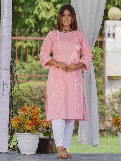 women solid with work three quarter sleeve straight kurta - 21974962 -  Standard Image - 0