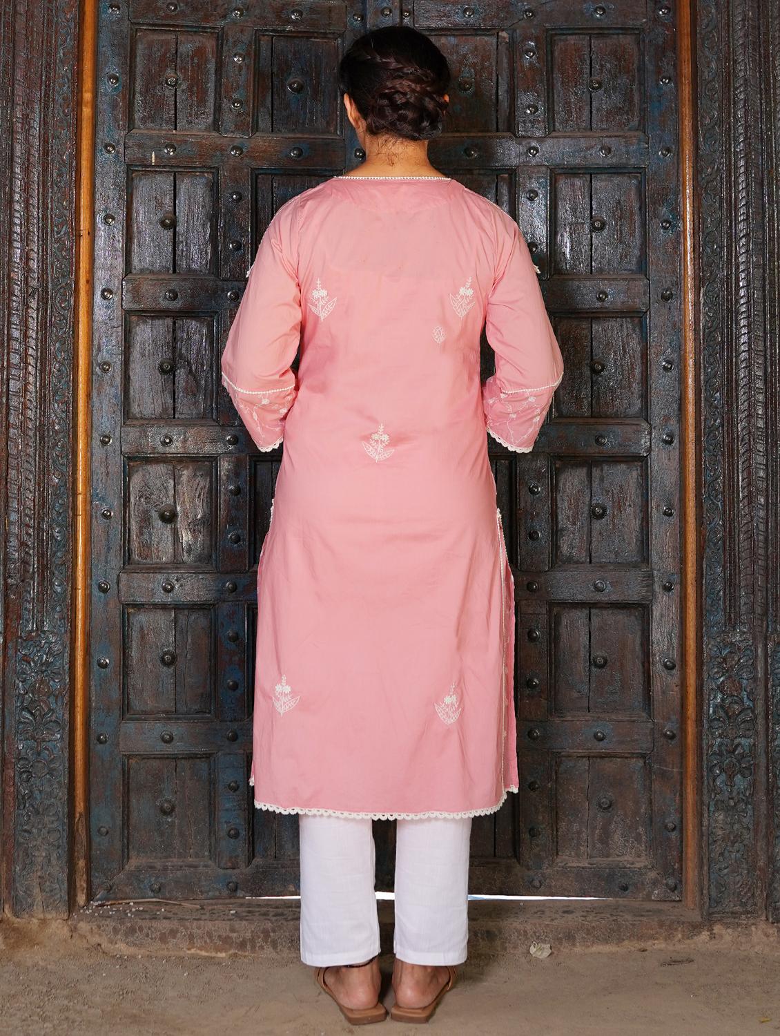 women solid with work three quarter sleeve straight kurta - 21974963 - Standard Image - 2