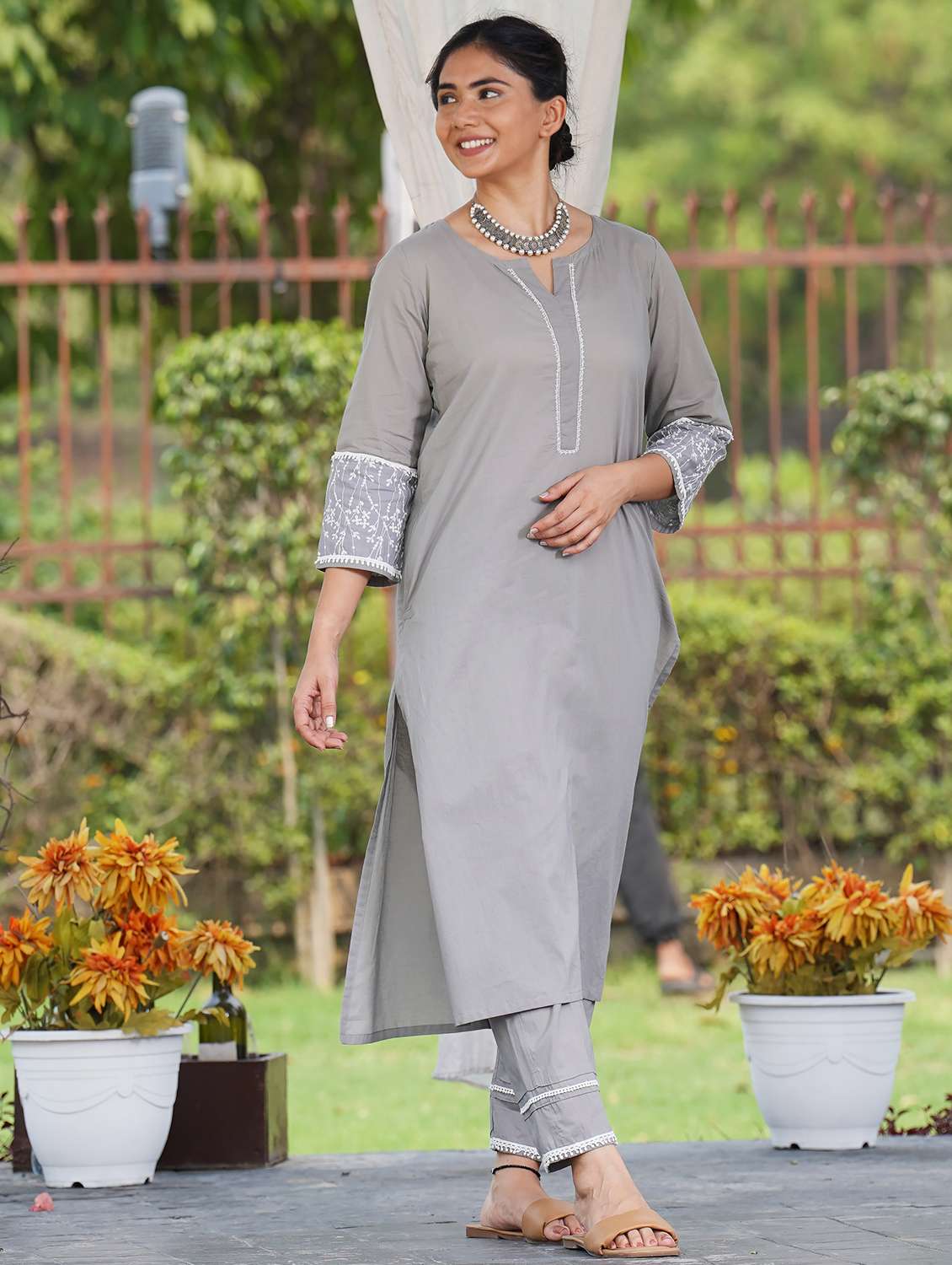 women solid with work three quarter sleeve a-line kurta - 21974965 -  Standard Image - 2