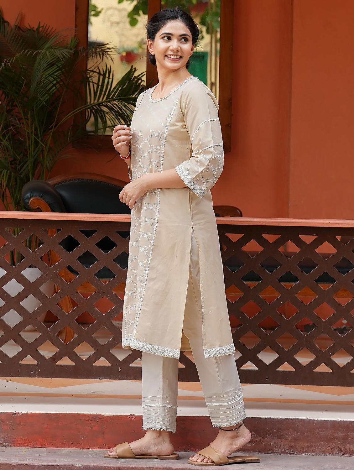 women solid with work three quarter sleeve straight kurta - 21974966 - Standard Image - 2