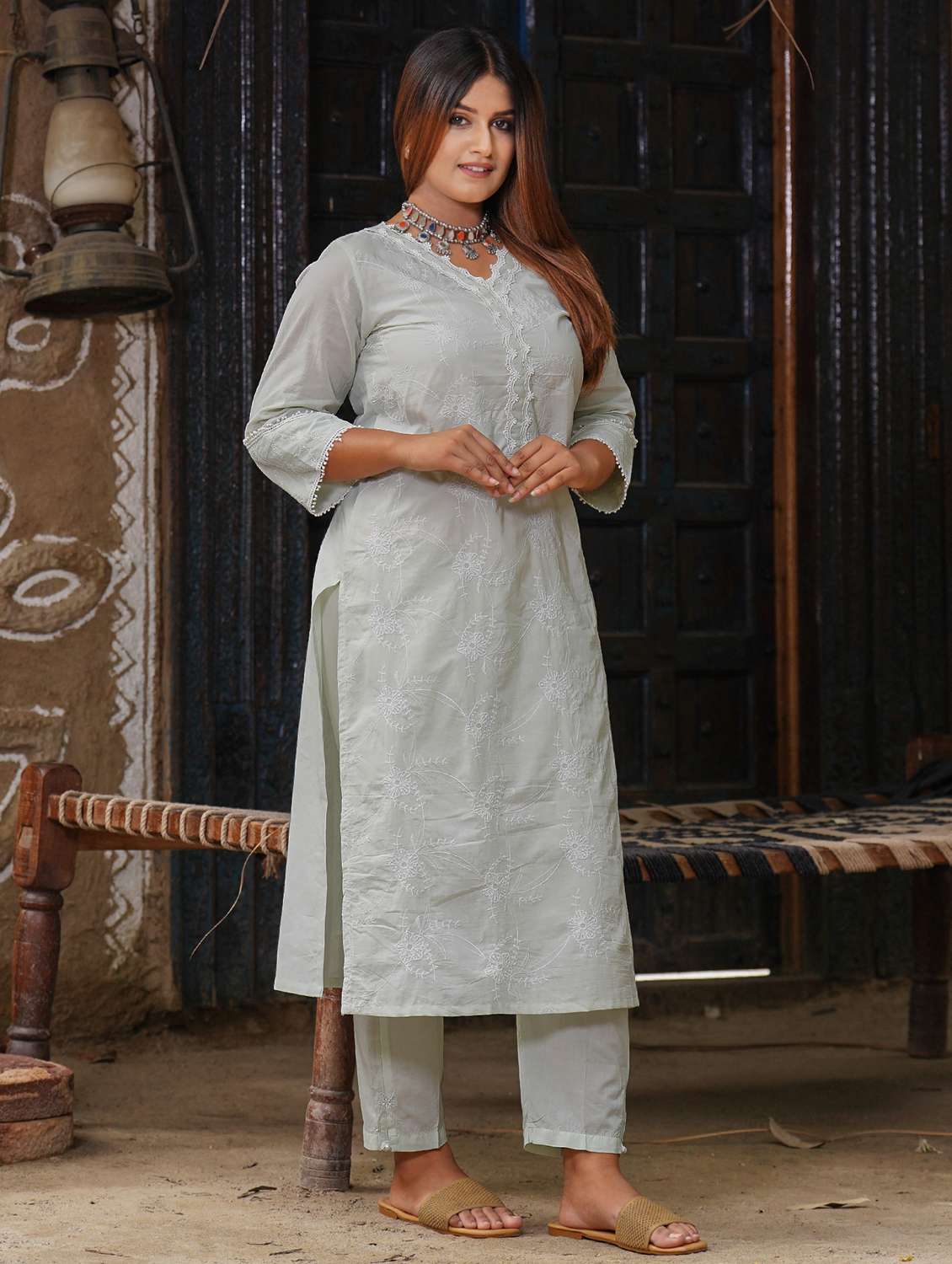 women solid with work three quarter sleeve straight kurta - 21974967 -  Standard Image - 2