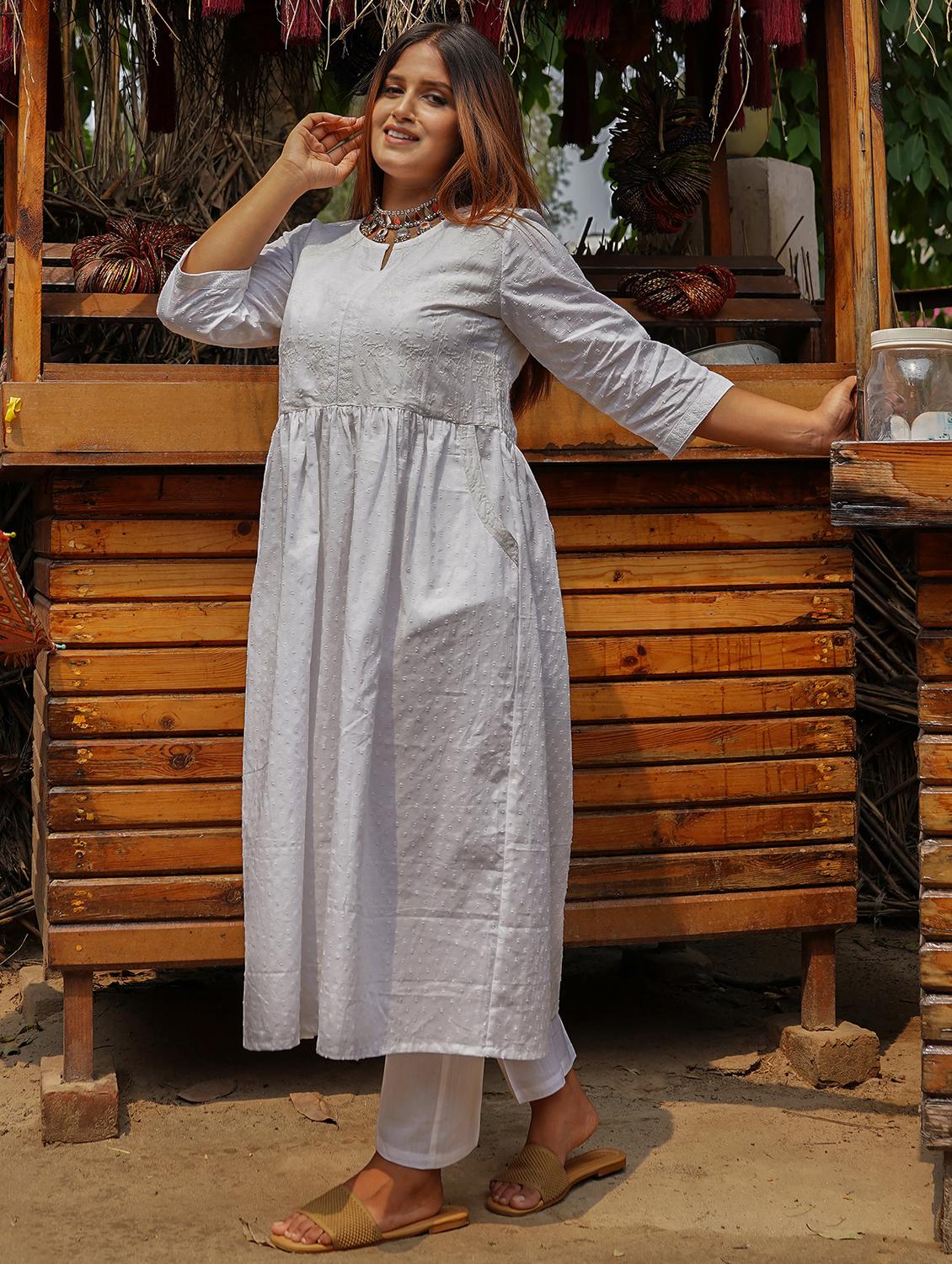 women solid with work three quarter sleeve a-line kurta - 21974968 - Standard Image - 2