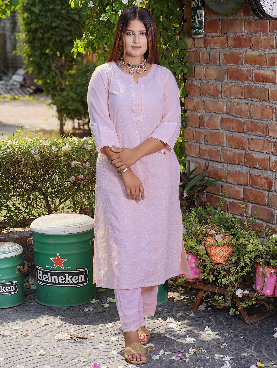 women solid with work three quarter sleeve straight kurta - 21974969 - Zoom Image - 0